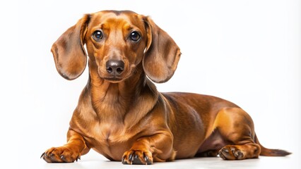 Adorable brown dachshund dog poses isolated on a white background, showcasing sitting, standing, portrait, and lying down views in a delightful animal bundle collection.