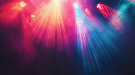 Colorful beams of red and blue stage lights shining through fog in a dramatic atmosphere.
