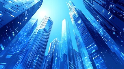 Obraz premium A futuristic cityscape with tall, sleek skyscrapers under a bright blue sky.