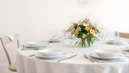 Dining table set with white plates, silver cutlery, and a centerpiece of a small bouquet of flowers.