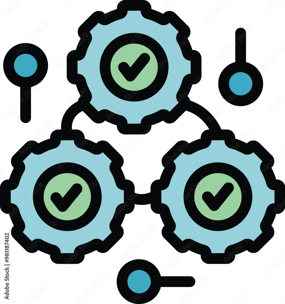 Poster system working correctly showing three gears with check mark symbol inside connected to each other r