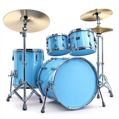 A vibrant blue drum set, showcasing a sleek design and shiny chrome fixtures, perfect for music enthusiasts and performers, white background