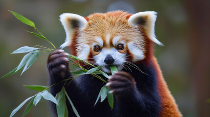 Obraz premium Cute Red panda eating bamboo leaves or plant in forest setting showcases wildlife and nature, highlighting the adorable mammal's beautiful fur and its role in the ecosystem of Asia