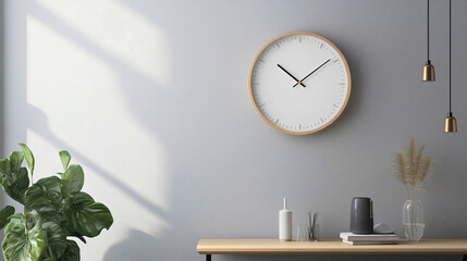 Modern simple watch on a home wall, a classic clock with a round dial and countdown timer, showing time in hours and minutes with a minimalist design in apartment or house interior, deadline, 