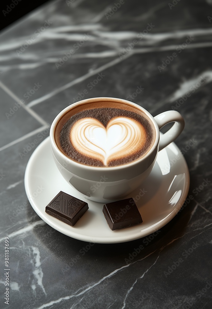 Wall mural cup of coffee with heart-shaped latte art and chocolate