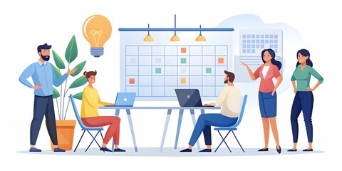 Naklejka premium Flat Candid Creative Collaboration: Team Brainstorming Ideas for 2025 with Calendars in a Simple Vector Illustration