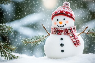 Fototapeta premium Snowman Isolated. Cheerful Christmas Snowman with Winter Landscape Background