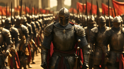 Group of medieval warriors or knights in full body metal armor standing in formation preparing strategy for battle, ancient soldiers with helmets heroic medieval war history, knighthood honor