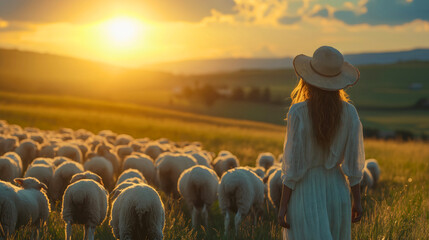 Shepherdess, shepherd woman, tends her flock or herd of sheep in a serene sunny landscape of pasture or field on mountains livestock domestic animals nature at sunset enjoying the peaceful countryside