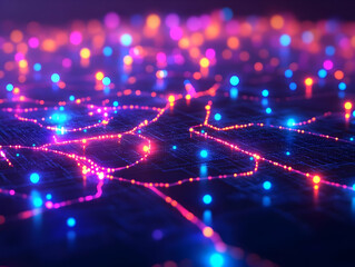 Fototapeta premium Flat Glossy Map Illustration with Glowing Hotspots for Polling Locations - Zoom-In Effect with Clear Space for Voter Turnout Statistics
