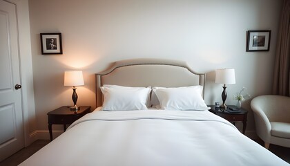 Elegant bedroom with a neatly made bed, white linens, and a stylish headboard.