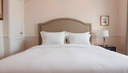 Elegant bedroom with a neatly made bed, white linens, and a stylish headboard.