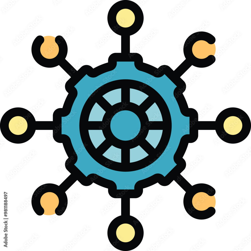 Poster gear connecting dots is representing a digital network hub system for global communication