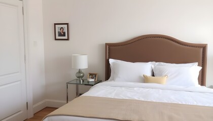 Elegant bedroom with a neatly made bed, white linens, and a stylish headboard.