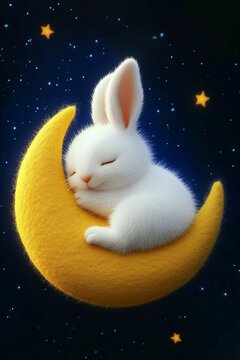 Mid-Autumn Festival poster,cute white rabit sitting on yellow moon,fairy tale.