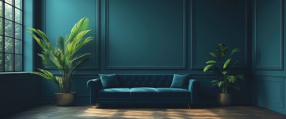 Fototapeta premium Teal Velvet Sofa in Elegant Living Room Interior