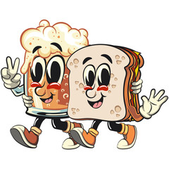 sandwich bread cartoon character mascot retro vector design with a big glass of beer character while giving a peace sign with hands, work of hand drawn