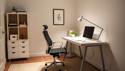 Chic home office with a sleek desk, an ergonomic chair, and a minimalistic desk lamp. 