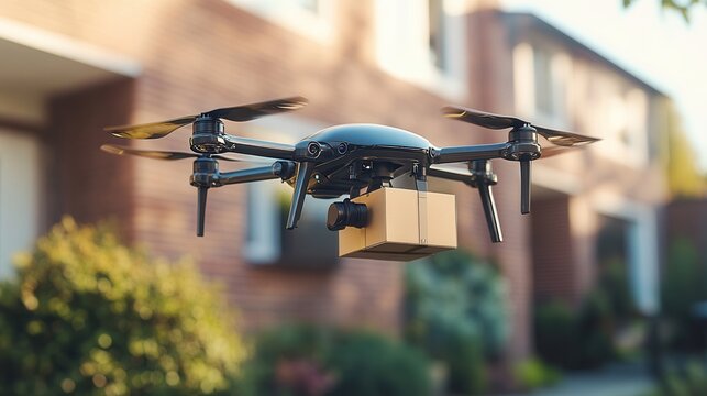 A drone delivering a package in a residential neighborhood, showcasing modern logistics and technology advancements.