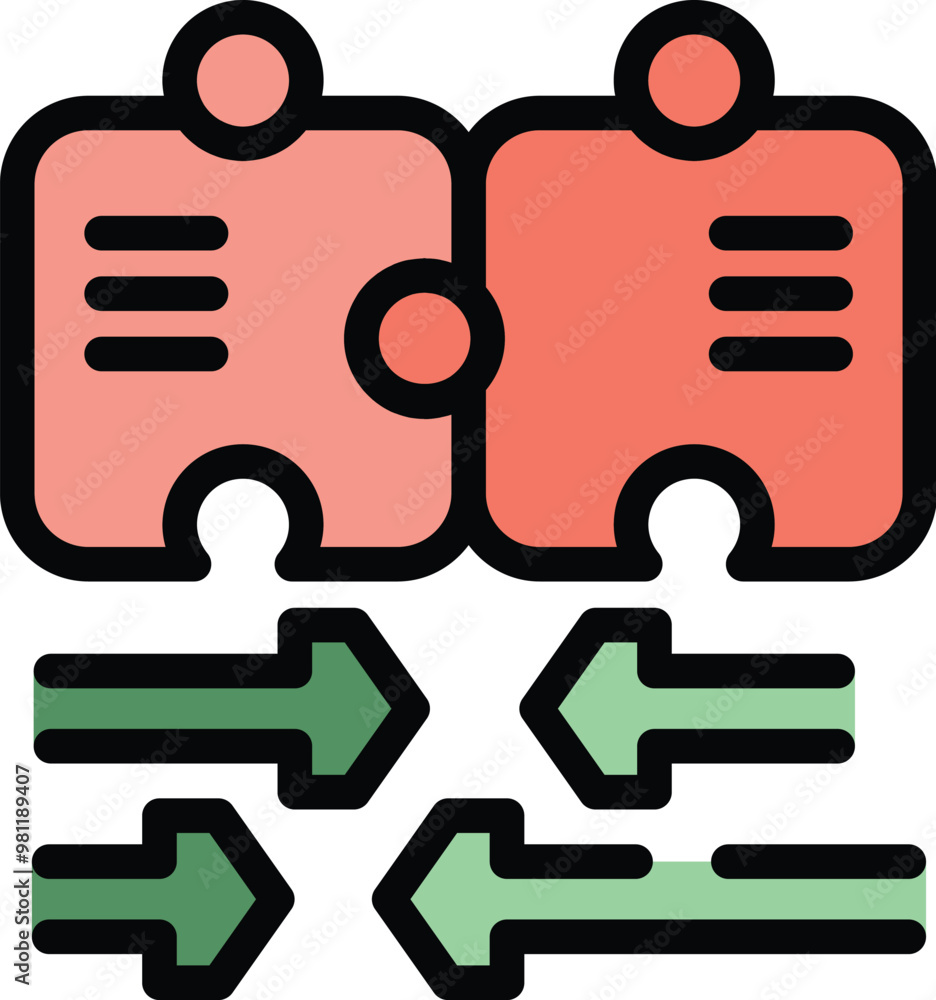 Poster two puzzle pieces connecting representing a data integration process with arrows showing data flow