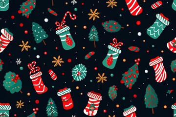 Christmas tree pattern, seamless background for wrapping paper, hand drawn spruces and snowflakes on red.
