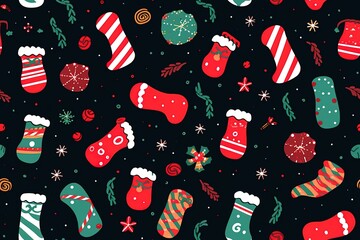 Christmas tree pattern, seamless background for wrapping paper, hand drawn spruces and snowflakes on red.