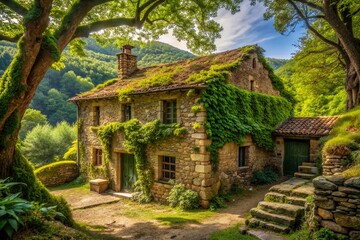 Fototapeta premium Rustic stone house with moss-covered roof and overgrown vines, surrounded by lush greenery and ancient trees in a serene, countryside landscape setting.