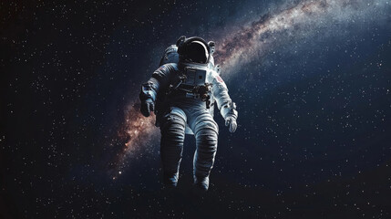 Fototapeta premium A man in a spacesuit is floating in space. Concept of adventure and exploration, as the astronaut is in the vastness of space, far from the confines of Earth
