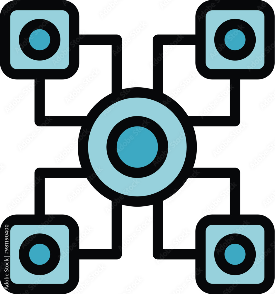 Poster minimalist graphic representing a network hub connecting four devices with nodes and lines
