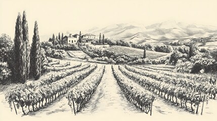 A serene vineyard landscape with rolling hills and a rustic villa in the background.