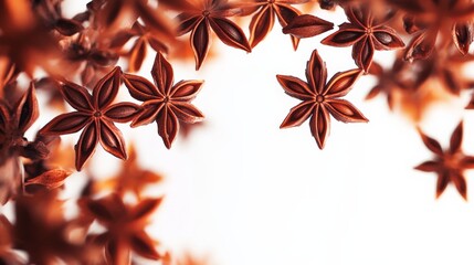 Close-up of star anise spice forming a decorative pattern on a white background, showcasing their unique shape and vibrant color.