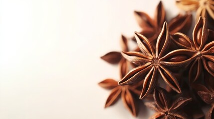 Close-up of star anise spices on a white background, showing their unique star shape and rich brown color.