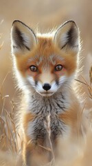 Curious Baby Fox in Golden Grasses with Amber Eyes - Adorable Wildlife Portrait with Copy Space