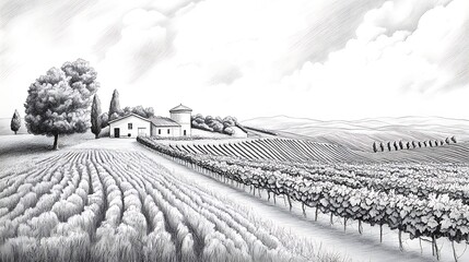 Fototapeta premium A serene landscape featuring vineyards and a farmhouse under a cloudy sky.