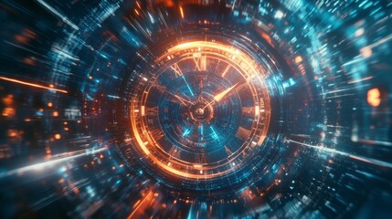 Obraz premium Time travel Technology Background with Clock concept and Time Machine, Can rotate clock hands. Jump into the time portal in hours. Traveling in space and time. Time travel fantasy scifi cinematic film