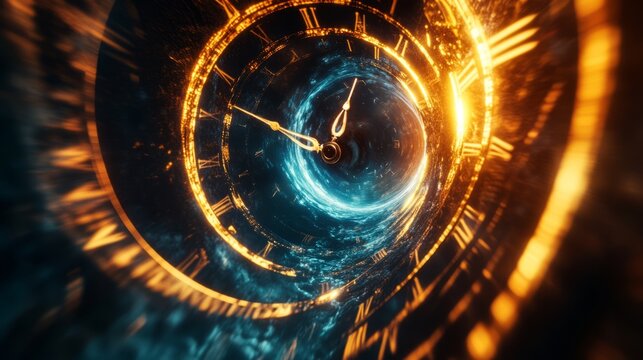 Time travel Technology Background with Clock concept and Time Machine, Can rotate clock hands. Jump into the time portal in hours. Traveling in space and time. Time travel fantasy scifi cinematic film