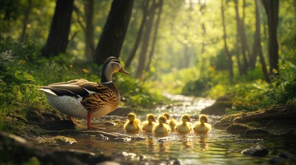 Fototapeta premium Cute ducklings following their mother along a forest stream, with dappled sunlight filtering through the trees in a realistic woodland background