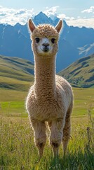 Fototapeta premium Innocent Fluffy Baby Alpaca with Soft Wooly Fur in Green Pasture with Mountain Range - Adorable Animal Portrait with Copy Space