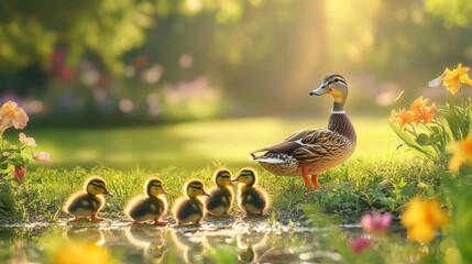 Fototapeta premium Mother duck with her ducklings exploring a park near a small pond, surrounded by vibrant flowers and green grass under a sunny sky