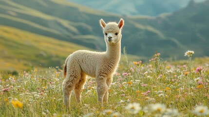 Adorable Fluffy Alpaca Foal in Grassy Field with Wildflowers and Majestic Mountain View for Copy Space
