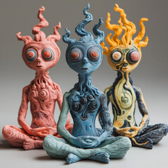 Three statues of strange creatures with big eyes and long hair. One is blue, one is red, and one is yellow. They are sitting in a row on a table