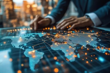 Businessman analyzing global data on a touchscreen interface with illuminated world map, representing global network and technology connections.