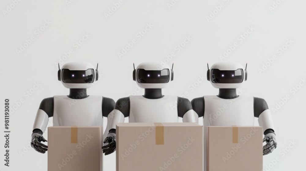 Poster three humanoid robots stand behind cardboard boxes, showcasing a futuristic theme of automation and 
