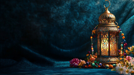 Fototapeta premium Beautiful Lantern with Colorful Flowers on Blue Fabric