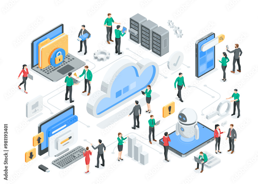 Poster isometric vector people working with data near cloud and computers and smartphone, in color on white