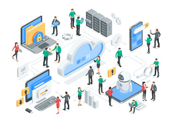 isometric vector people working with data near cloud and computers and smartphone, in color on white background, cloud data storage or server technology