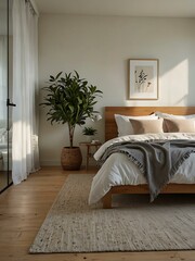 Bright minimalist bedroom with natural light and simple decor.