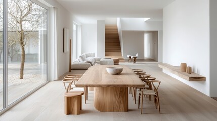 A minimalist dining room featuring a large wooden table, contemporary chairs, and an open layout with natural light.