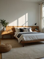 Bright minimalist bedroom with natural light and simple decor.