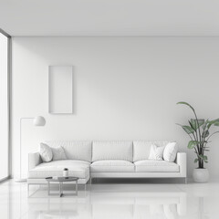 A modern minimalist style living room featuring sleek white sofa, small coffee table, and decorative plant. bright, airy space exudes tranquility and simplicity